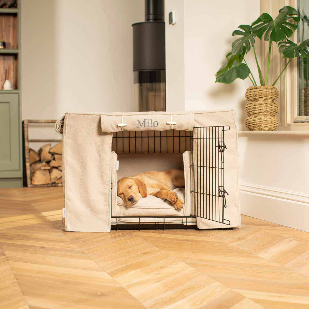 Dog Crate Set In Natural Herringbone Tweed, view 15