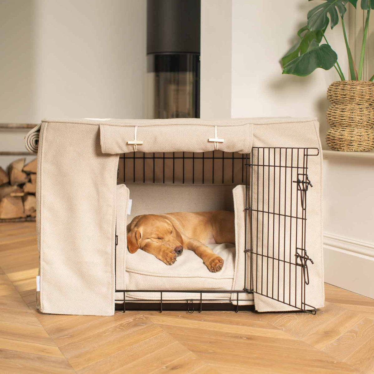 Dog Crate Set In Natural Herringbone Tweed, view 11