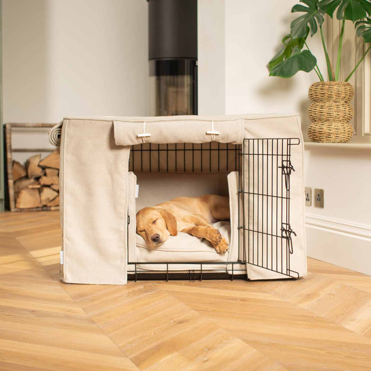 Dog Crate Set In Natural Herringbone Tweed, view 12