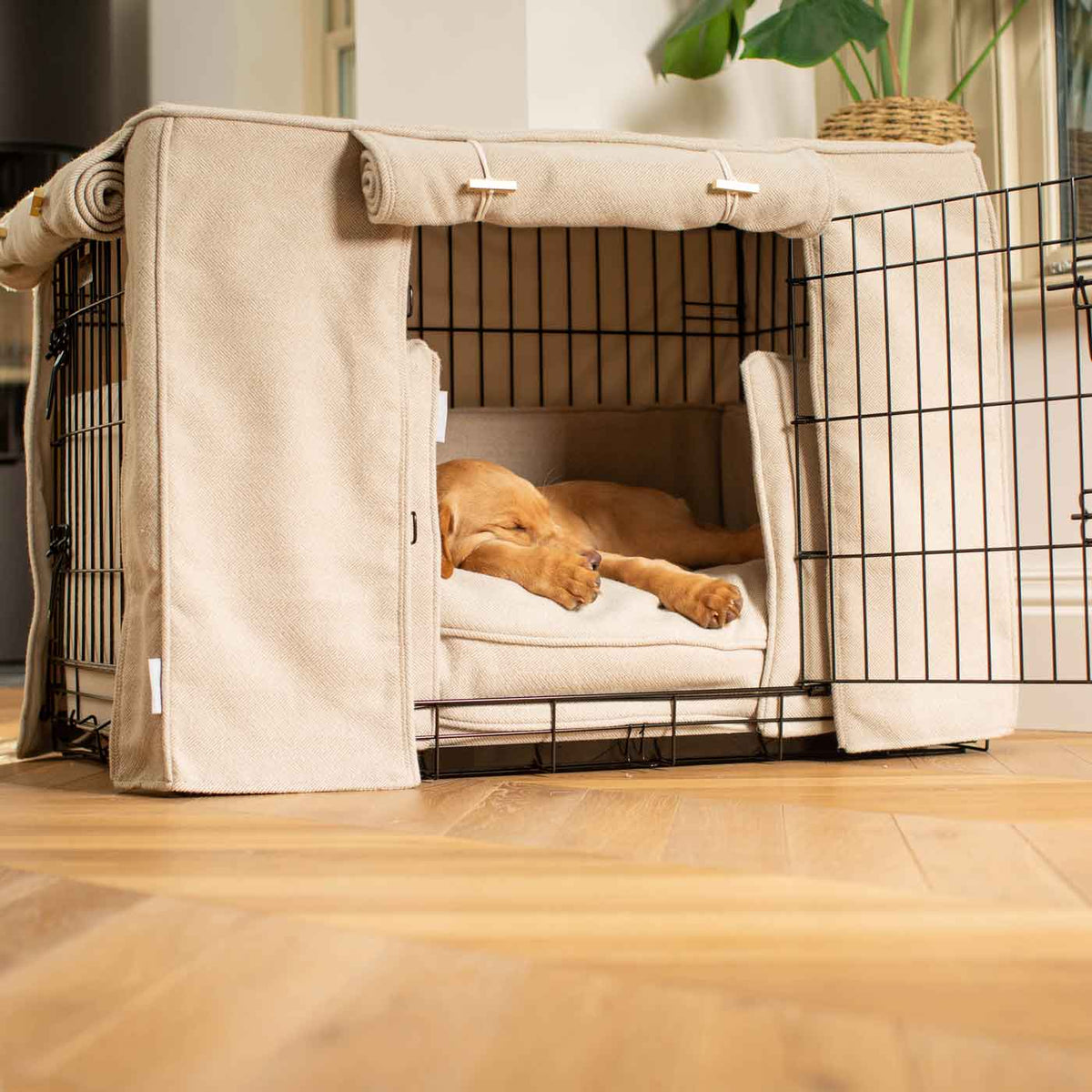 Dog Crate Set In Natural Herringbone Tweed, view 13