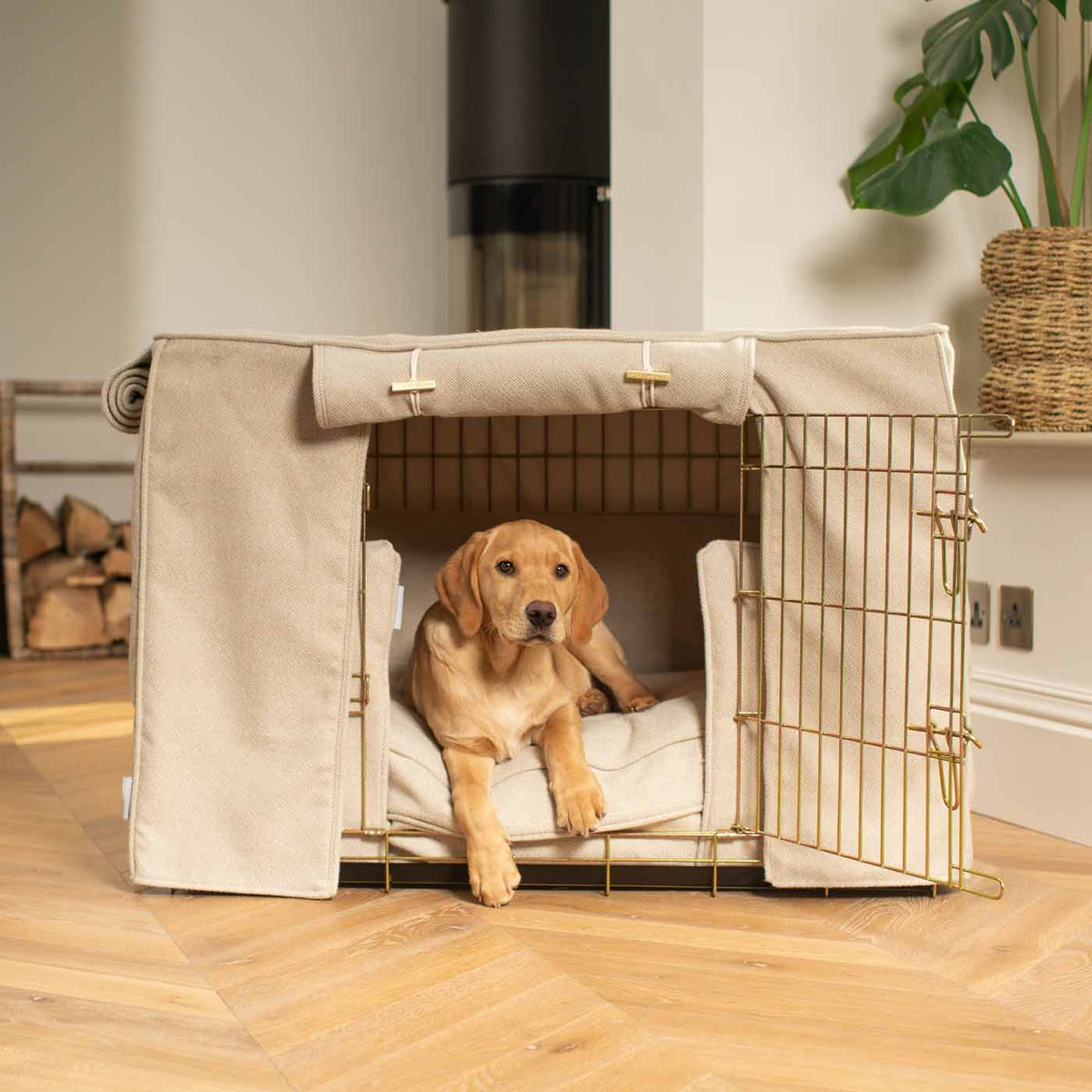 Dog Crate Set In Natural Herringbone Tweed, view 5