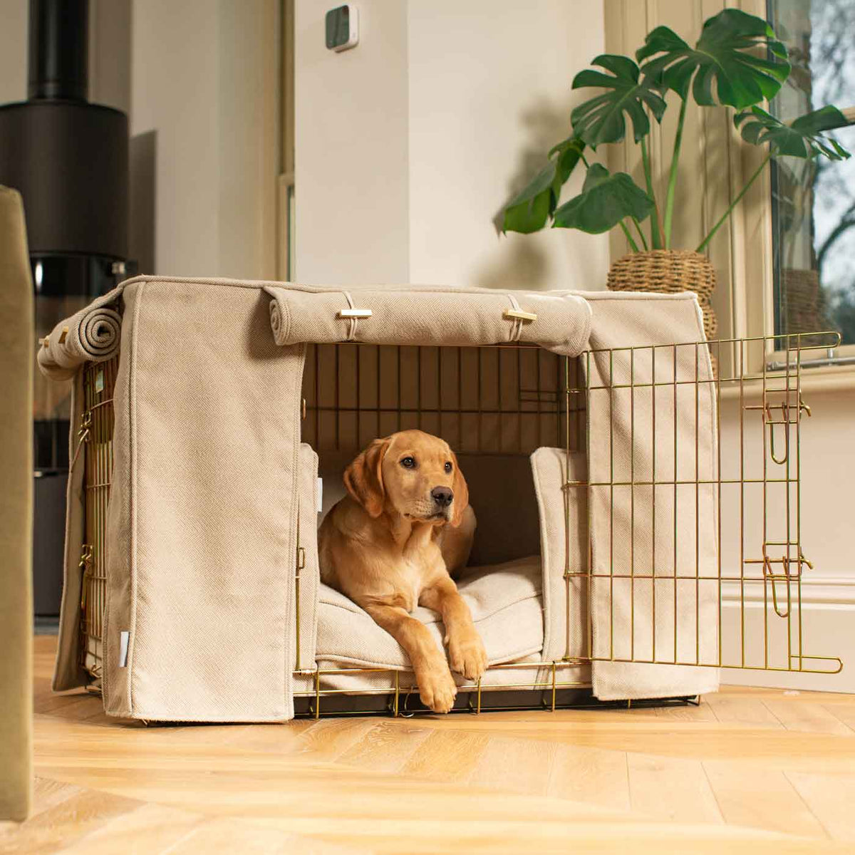 Dog Crate Set In Natural Herringbone Tweed, view 6