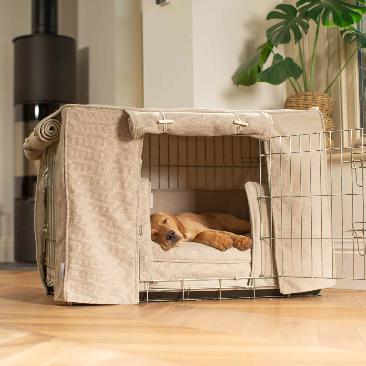 Dog Crate Set In Natural Herringbone Tweed, view 8