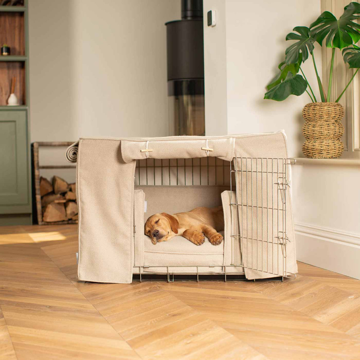 Dog Crate Set In Natural Herringbone Tweed, view 2