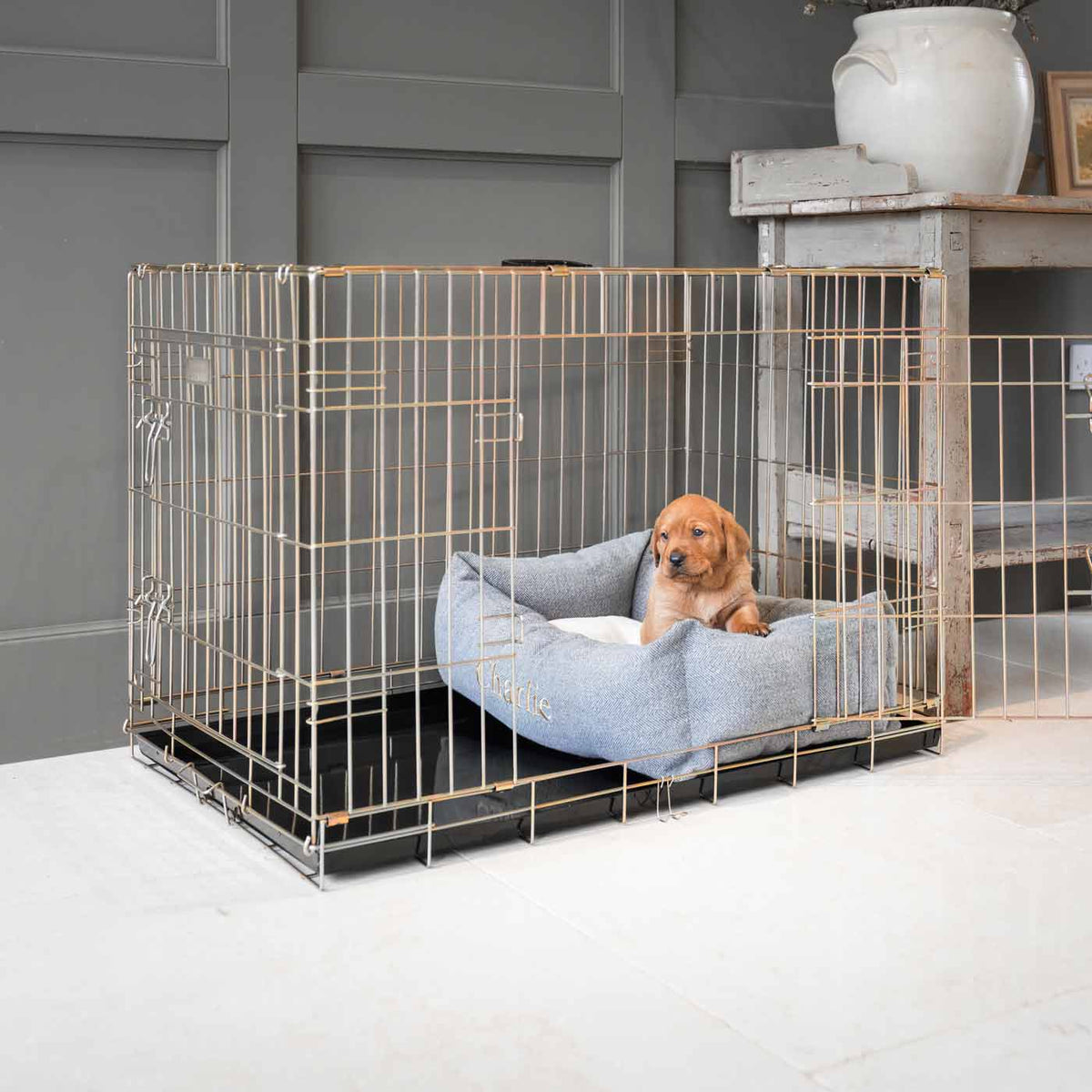 Dog Crate with Cosy & Calming Puppy Crate Bed in Pewter Herringbone