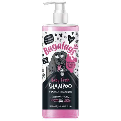 Discover, Bugalugs Baby Fresh Dog Shampoo. Perfect for removing odours, Vegan friendly, Soothes and nourishes the coat and skin, PH balanced and sensitive. now available at Lords and Labradors in three sizes