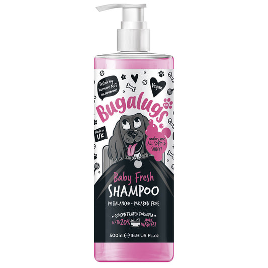 Discover, Bugalugs Baby Fresh Dog Shampoo. Perfect for removing odours, Vegan friendly, Soothes and nourishes the coat and skin, PH balanced and sensitive. now available at Lords and Labradors in three sizes