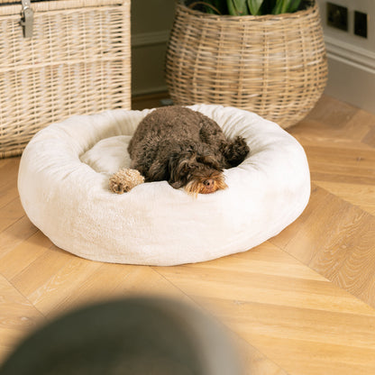Calming Anti-Anxiety Donut Bed With Removable Covers in Cream Faux Fur, view 2
