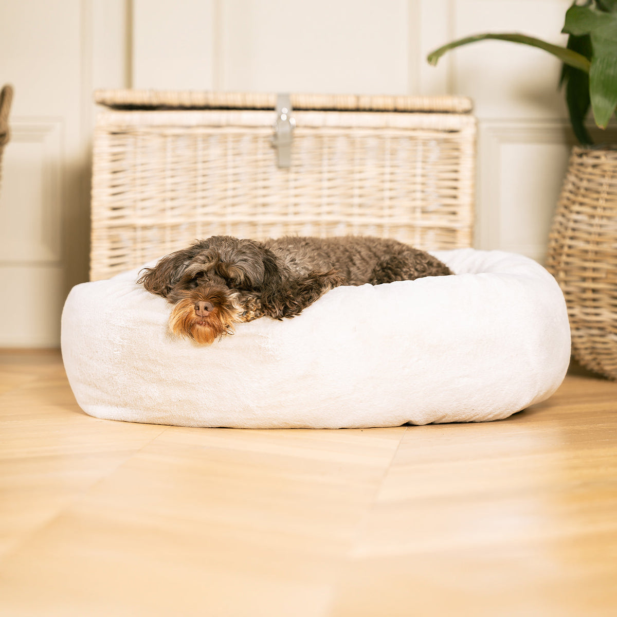 Calming Anti-Anxiety Donut Bed With Removable Covers in Cream Faux Fur, view 4