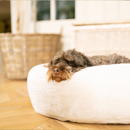 Calming Anti-Anxiety Donut Bed With Removable Covers in Cream Faux Fur, view 3