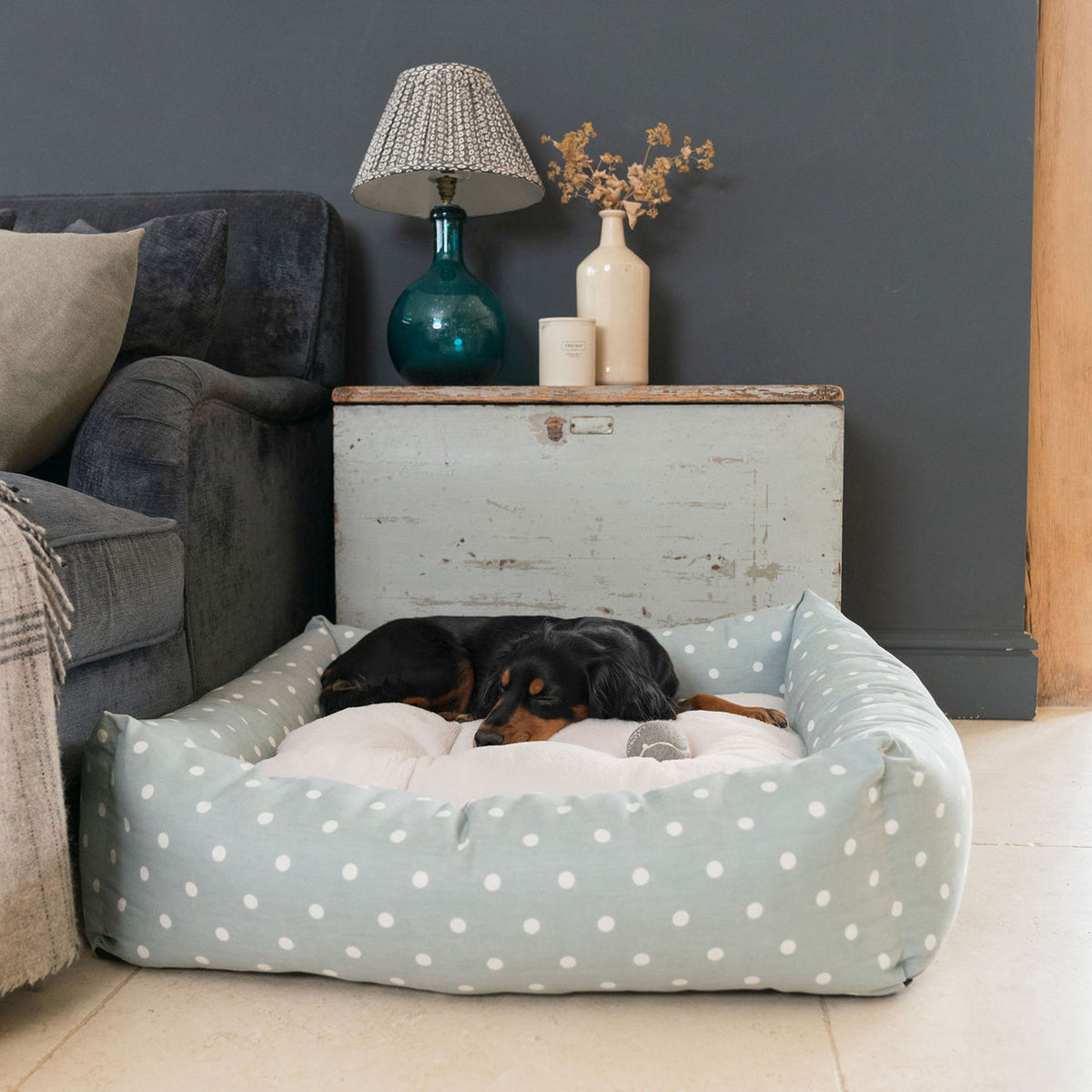 Box Bed With Removable Covers in Duck Egg Spot