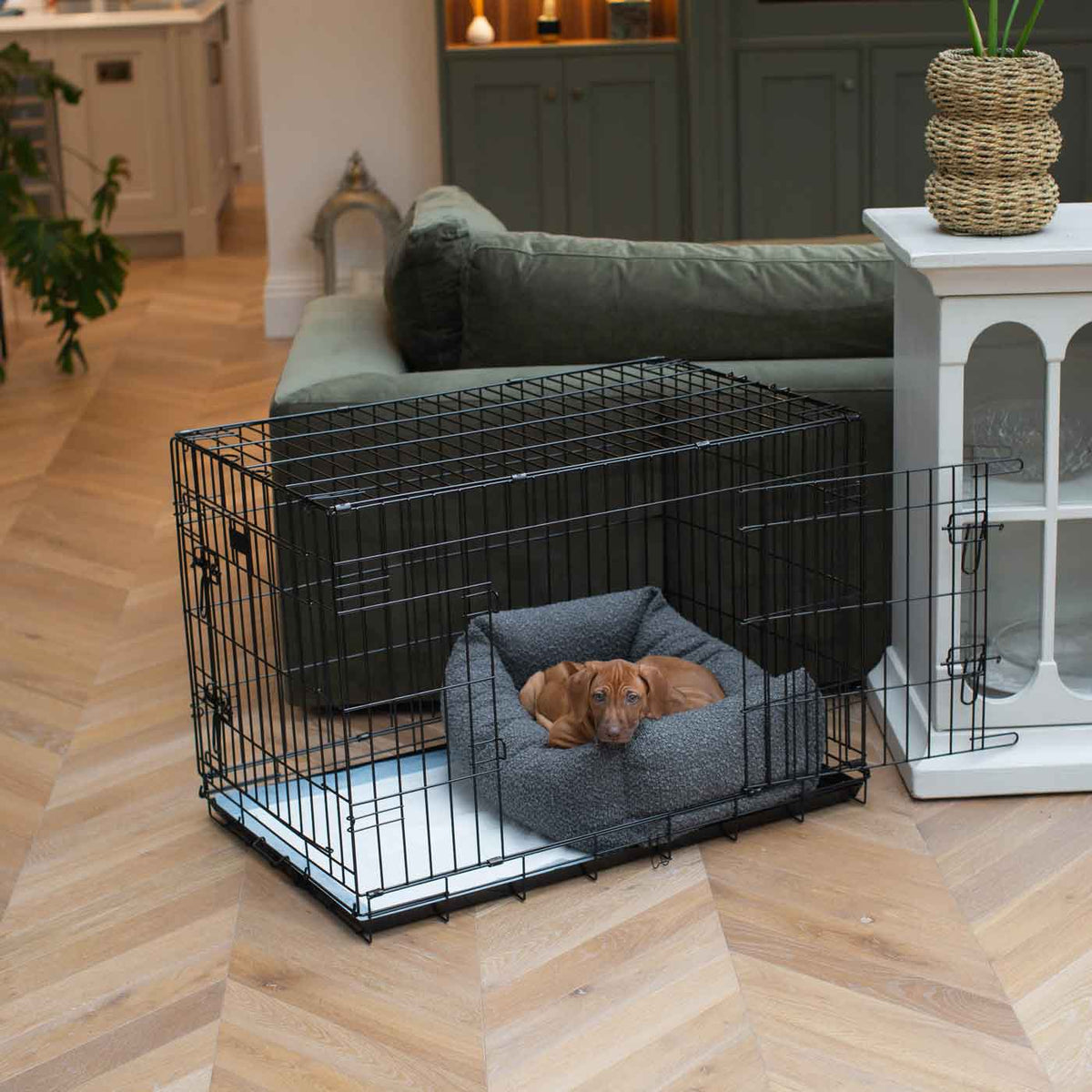 Cosy & Calming Puppy Crate Bed With Removable Covers in Granite Bouclé, view 5