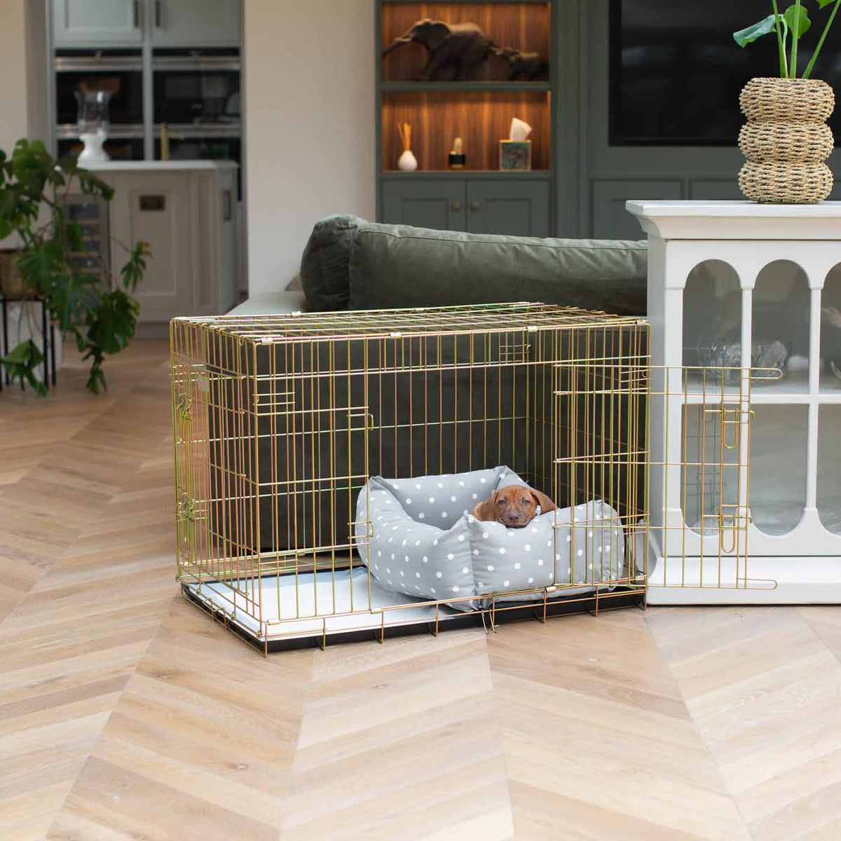 Dog Crate with Cosy & Calming Puppy Crate Bed in Grey Spot, view 3