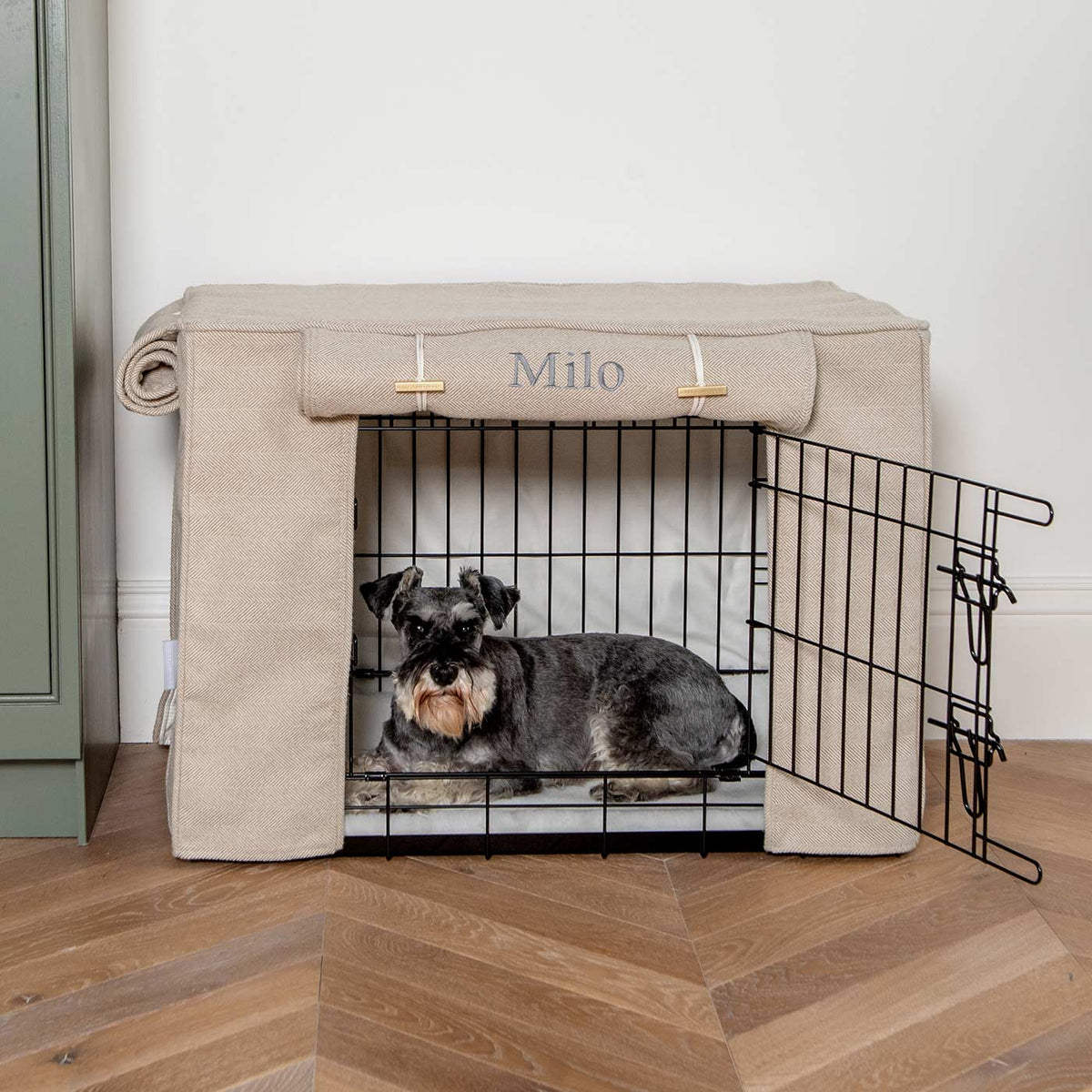 Dog Crate Cover in Natural Herringbone Tweed, view 12
