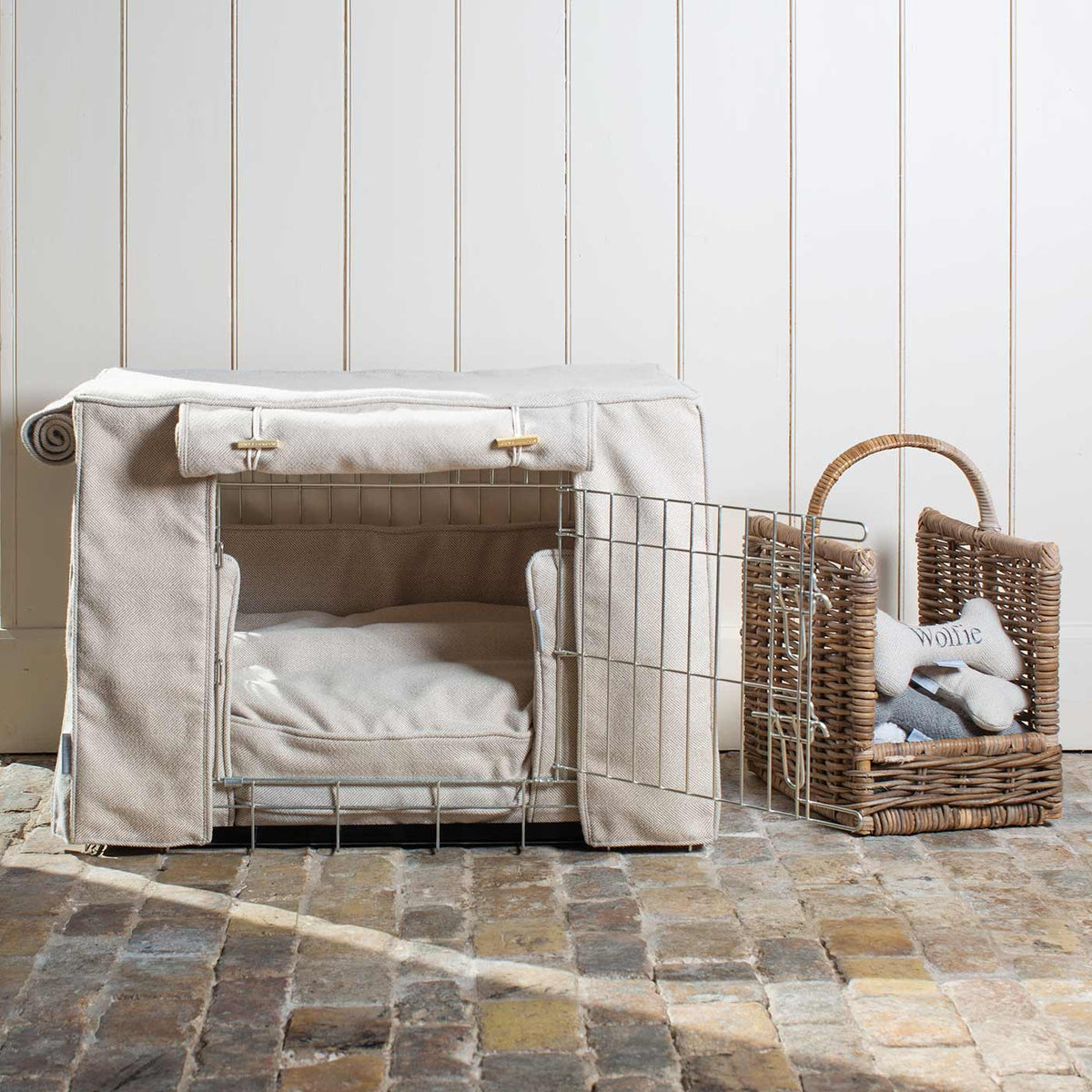 Dog Crate Set In Natural Herringbone Tweed, view 4