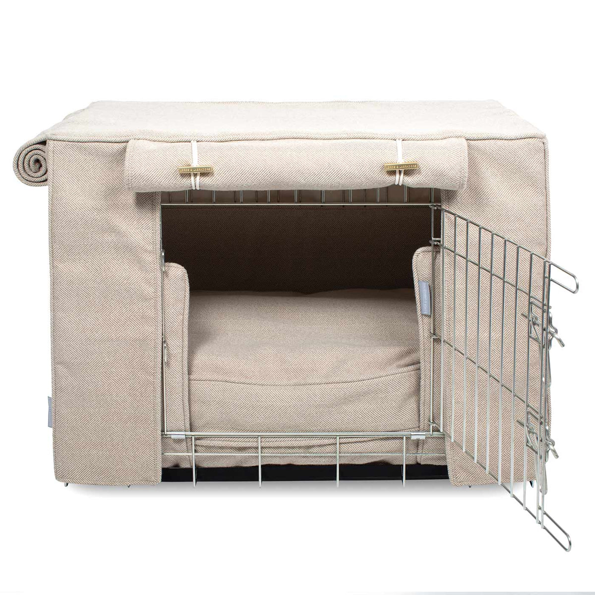 Dog Crate Set In Natural Herringbone Tweed, view 10