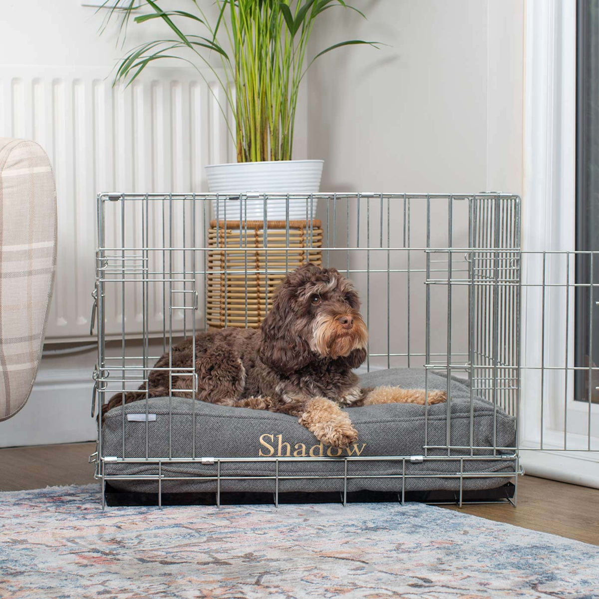 Dog Cushion in Pewter Herringbone Tweed, view 6