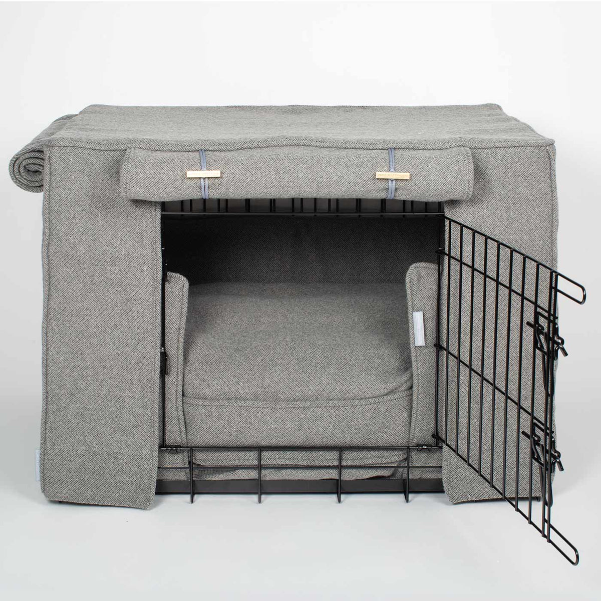 Dog Crate Set In Pewter Herringbone Tweed