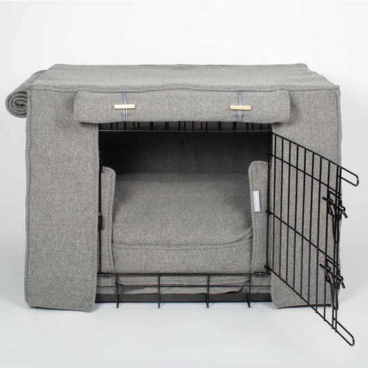 Dog Crate Set In Pewter Herringbone Tweed