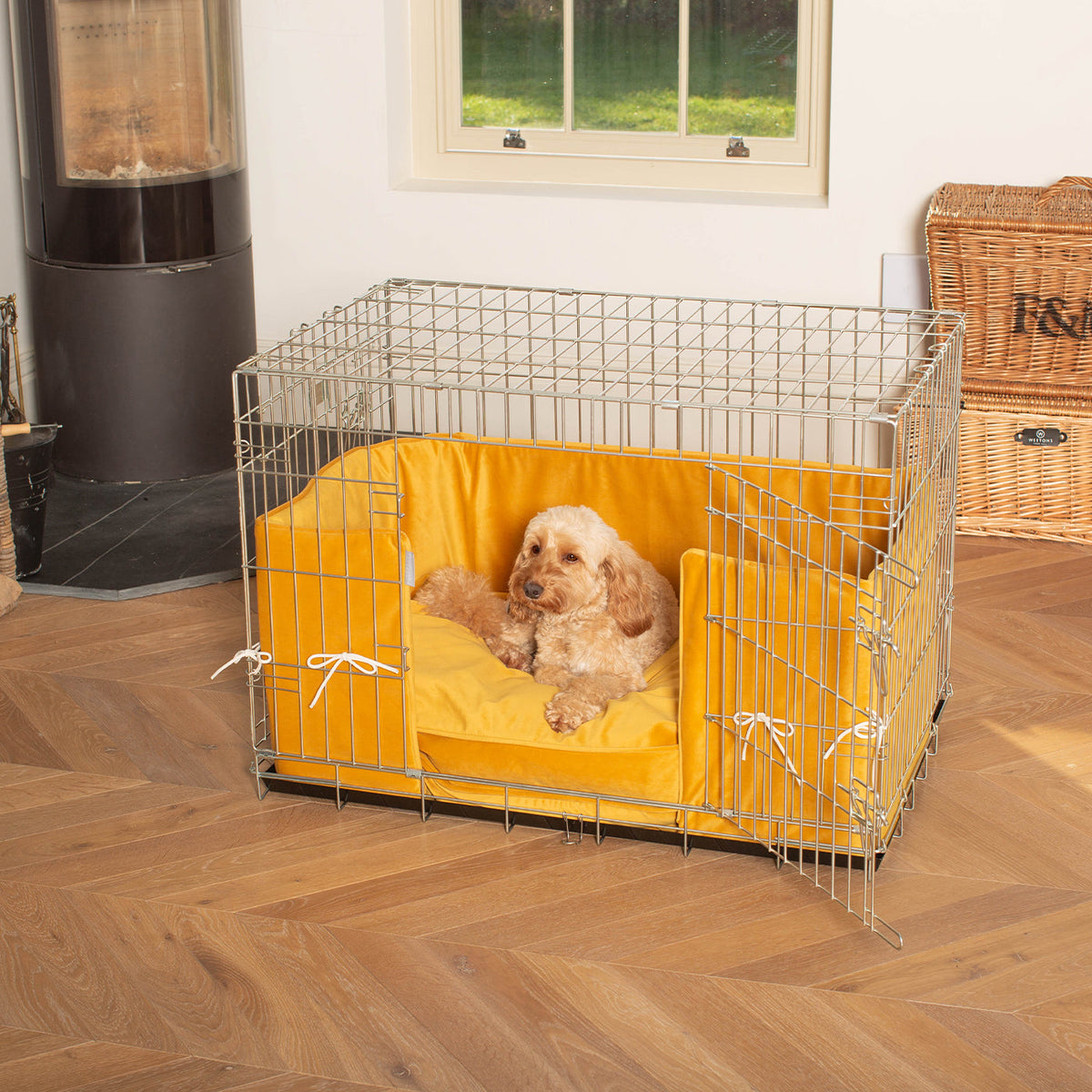 Dog Crate with Cushion & Bumper in Saffron Velvet