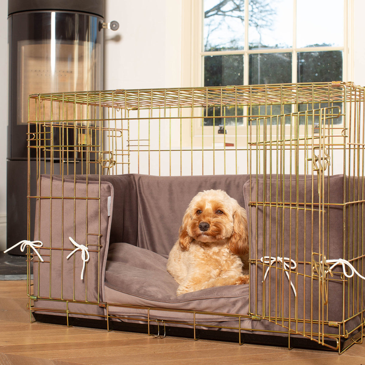 Dog Crate with Cushion & Bumper in Silt Velvet