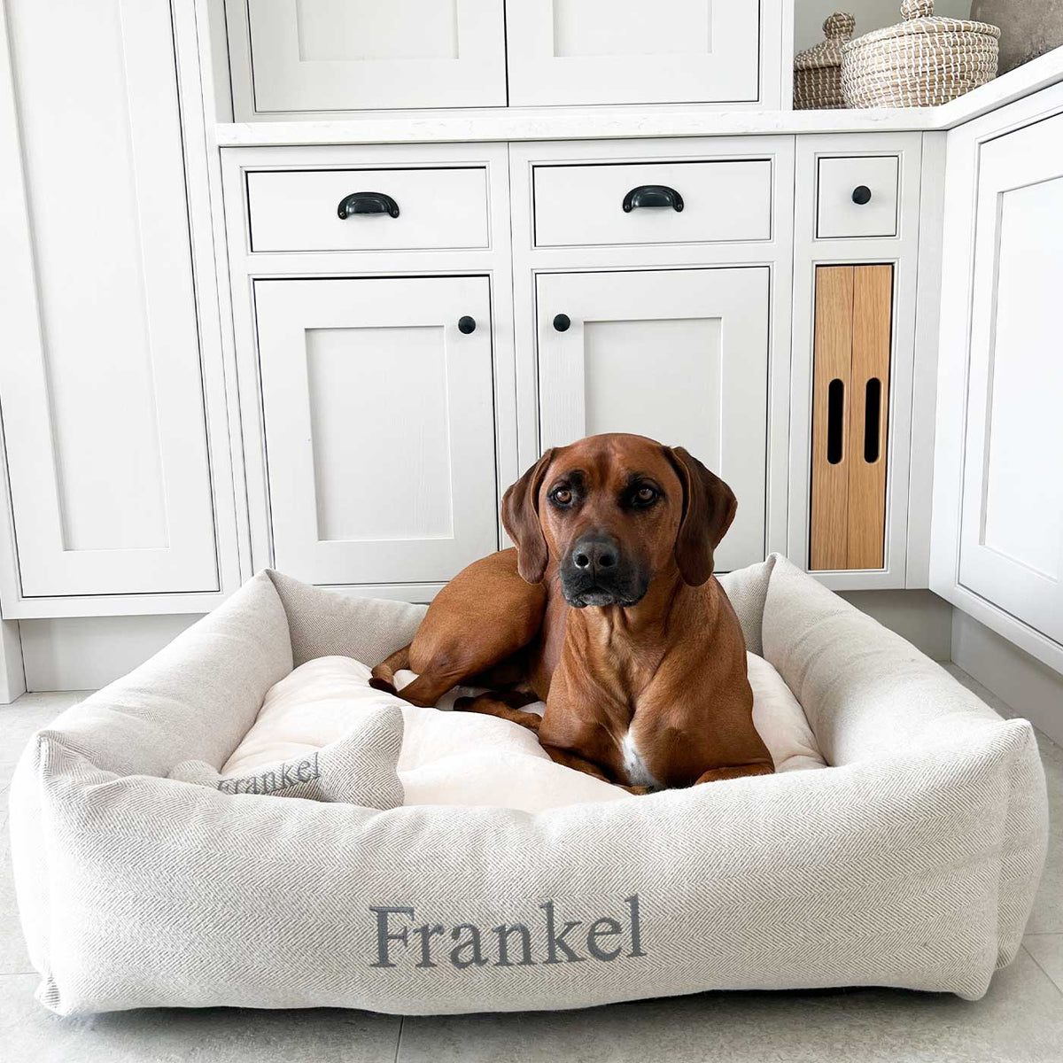 Box Bed With Removable Covers in Herringbone Tweed
