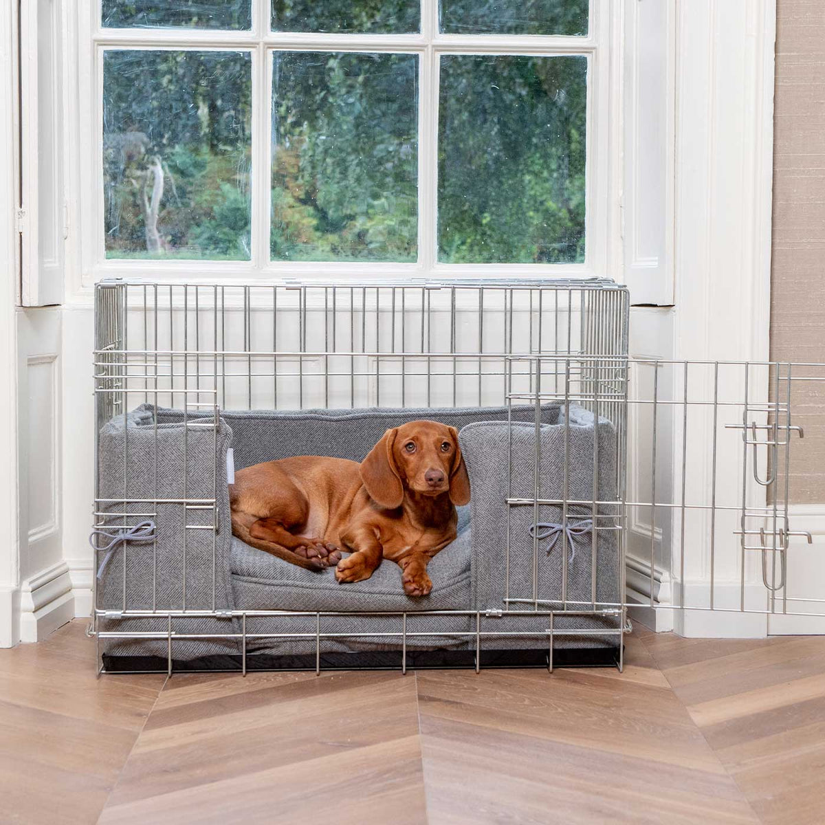 Dog Crate with Cushion & Bumper in Pewter Herringbone, view 4