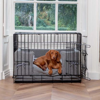 Dog Crate with Cushion & Bumper in Pewter Herringbone, view 3