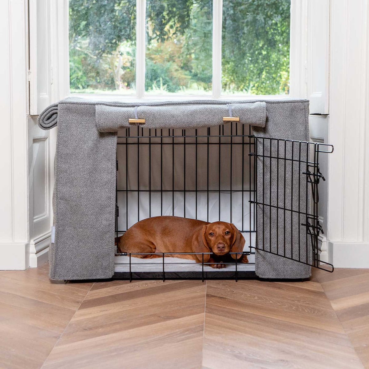 Dog Crate Cover in Pewter Herringbone Tweed, view 3