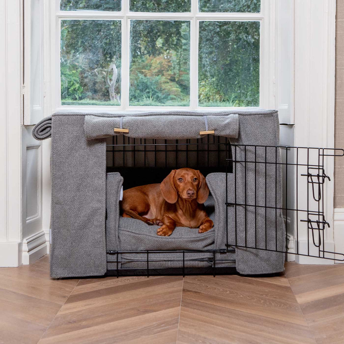 Dog Crate Set In Pewter Herringbone Tweed, view 5