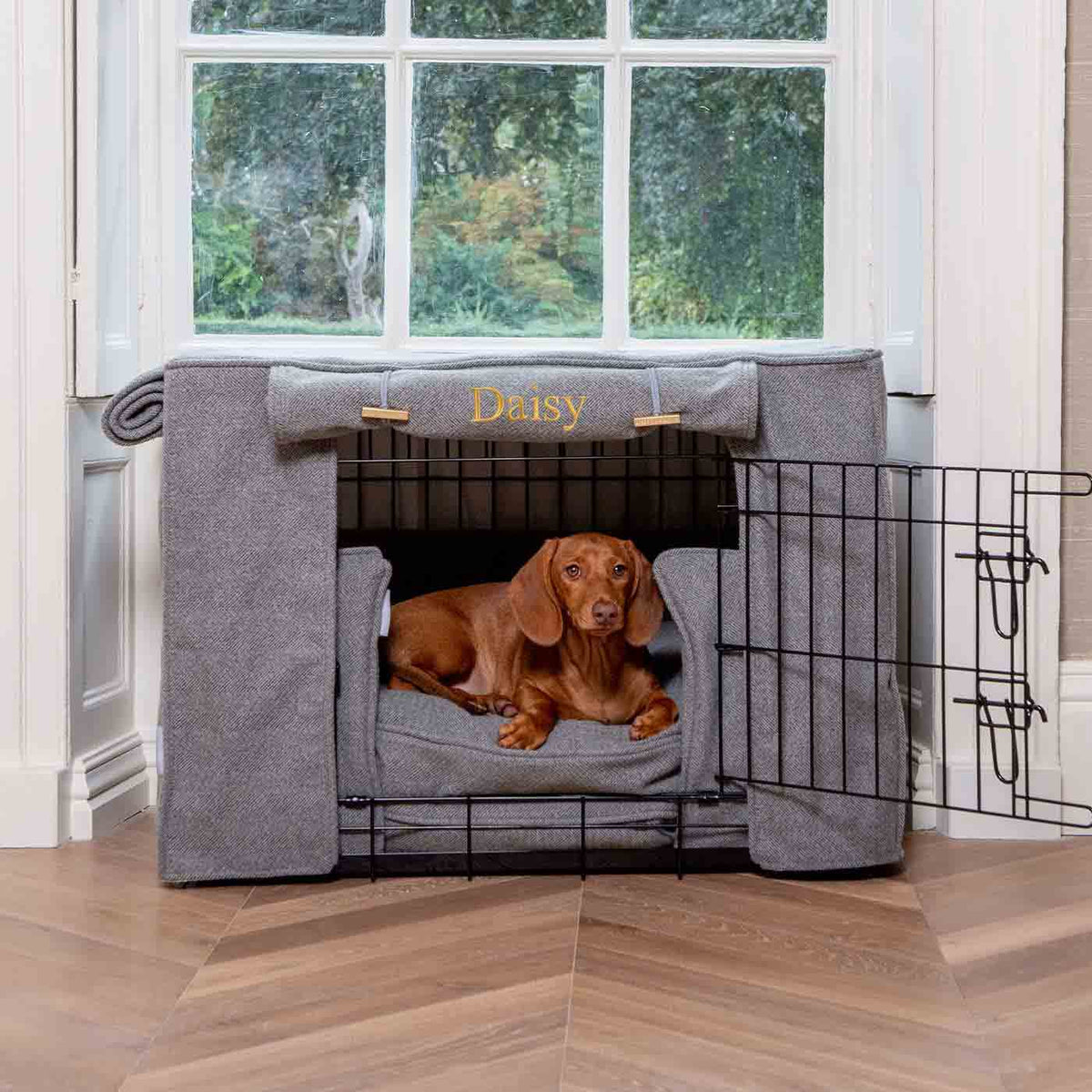 Dog Crate Set In Pewter Herringbone Tweed, view 9