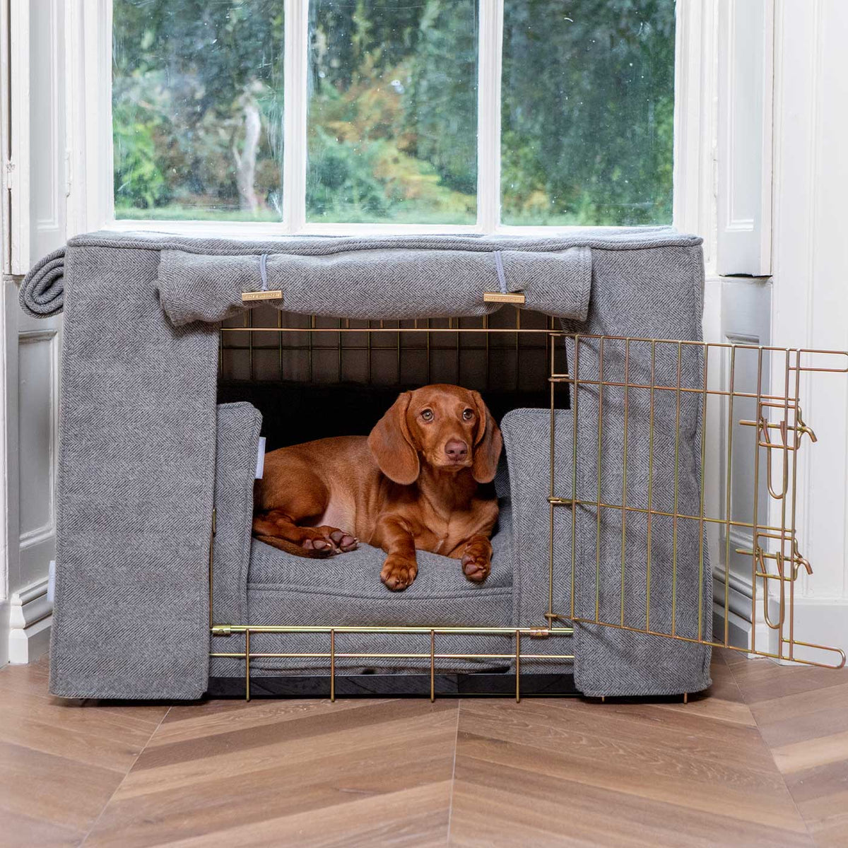 Dog Crate Set In Pewter Herringbone Tweed, view 3