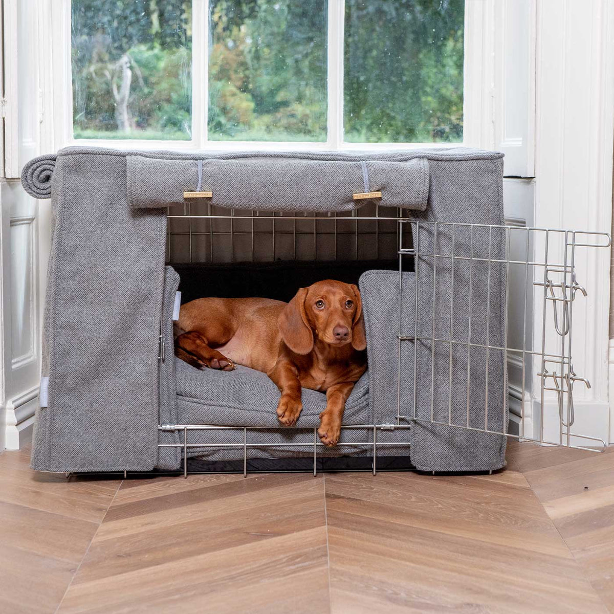 Dog Crate Set In Pewter Herringbone Tweed, view 7